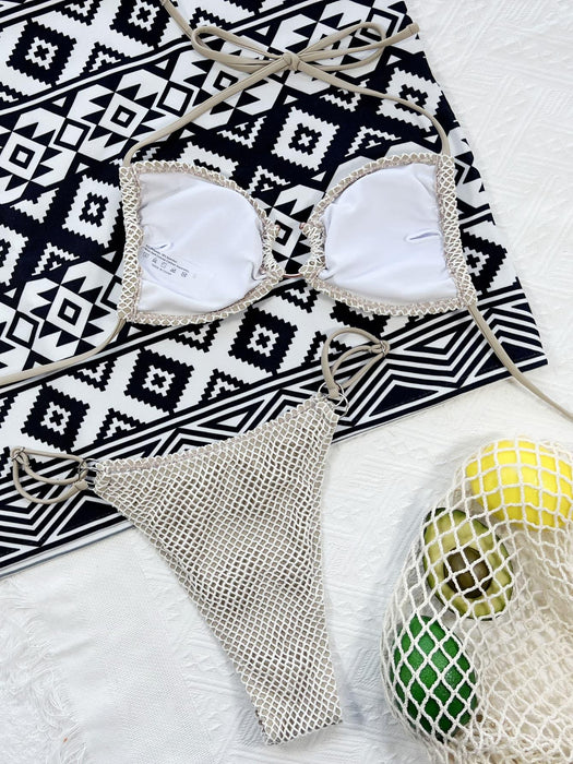 Tropical Fishnet Crisscross Bikini Set with Solid Print - Beachwear Ensemble