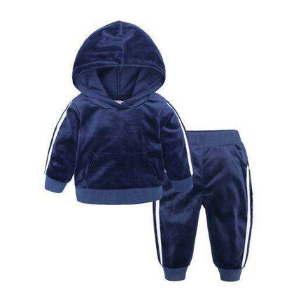 Trendy Gold Velvet Kids Hooded Pajama Set with Sporty Side Stripes