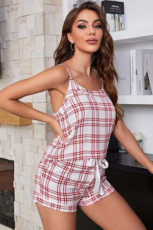 Plaid Cami and Tie-Front Shorts Pajama Set-Trendsi-Red-S-Très Elite