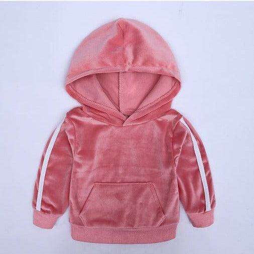 Trendy Gold Velvet Kids Hooded Pajama Set with Sporty Side Stripes