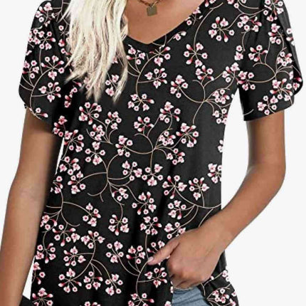 Chic Floral V-Neck Top with Delightful Petal Sleeves