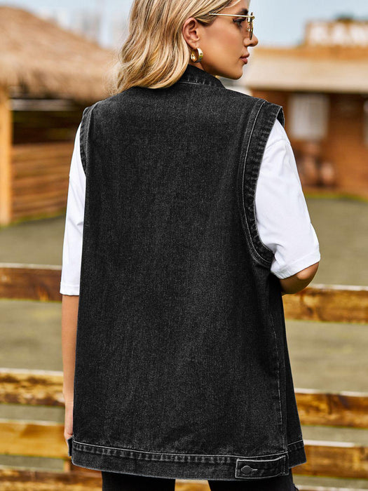 Denim Vest with Collared Neck and Pockets
