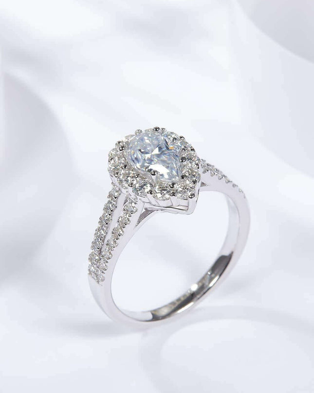 Radiant Teardrop Moissanite Split Shank Ring - Platinum-Plated Sterling Silver - 1.74 Carats Total Weight