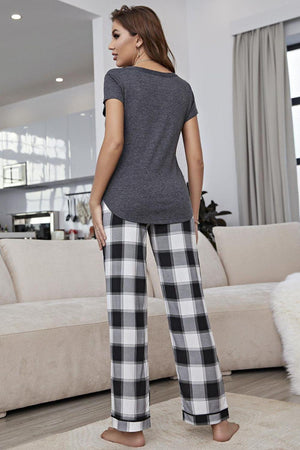 Curved Hem Short Sleeve Top and Plaid Pants Lounge Set-Trendsi-Mid Gray-S-Très Elite