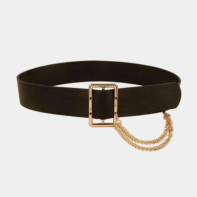 Stylish Chain-Detail Wide PU Leather Waist Belt