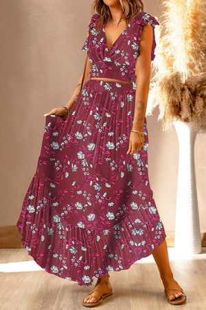 Printed Tie Back Cropped Top and Maxi Skirt Set-Trendsi-Wine-S-Très Elite