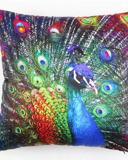 Vibrant Peacock Feather Print Decorative Plush Cushion Cover - Chic 16.5x16.5" Accent Pillow for Home Styling