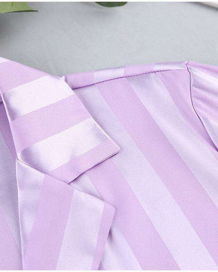 Lavender Silk Striped Blouse and Wide-Leg Trousers Set