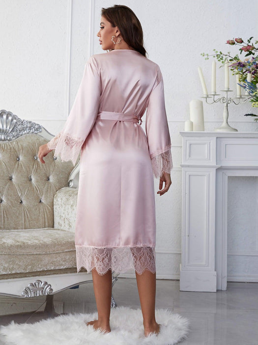 Satin Robe with Lace Trim, Cinched Waist, and Surplice Neckline