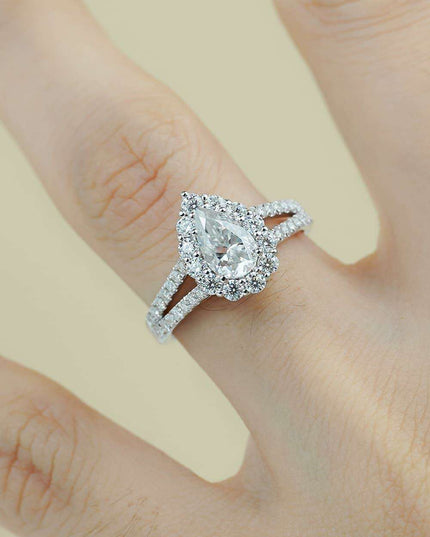 Radiant Teardrop Moissanite Split Shank Ring - Platinum-Plated Sterling Silver - 1.74 Carats Total Weight