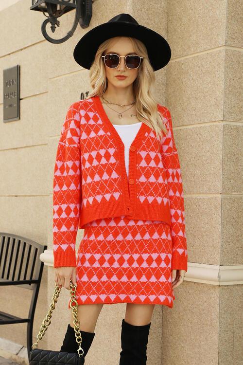 Chic Geometric Knit Set with Cardigan and Skirt