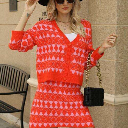 Elegant Geometric Knit Cardigan and Skirt Set