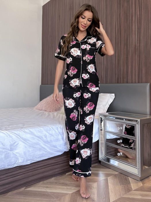 Floral Casual Lounge Wear Set with Short Sleeve Top and Trousers