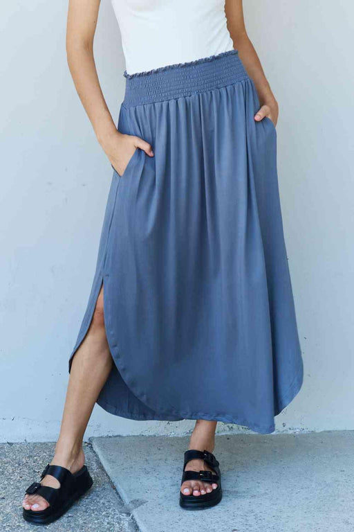 Elegant Dusty Blue High Waist Maxi Skirt with Scoop Hem
