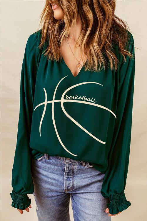 Smocked Long Sleeve Basketball Top with Round Neck