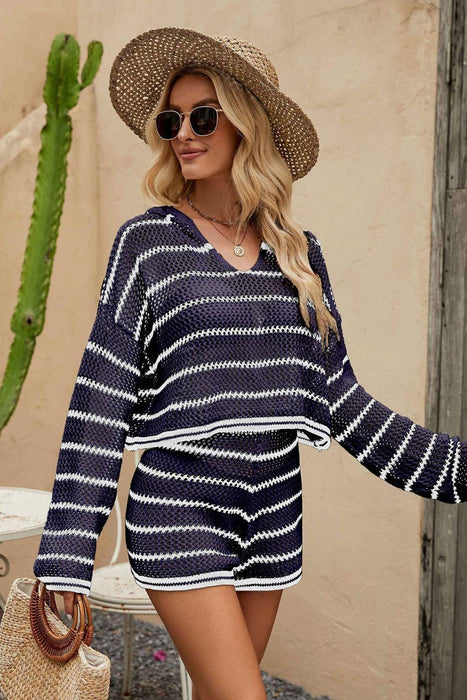 Striped Sheer Knit Hoodie and Shorts Ensemble