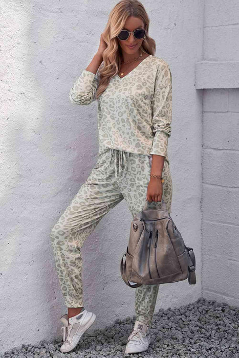 Leopard Print Cozy Lounge Wear Set with V-Neck Top and Jogger Pants