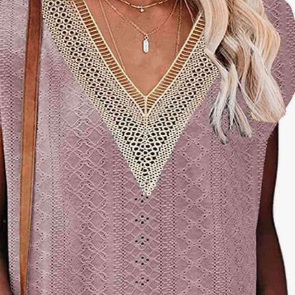 Elegant Eyelet Chevron V-Neck Tee with Stylish Openwork Design