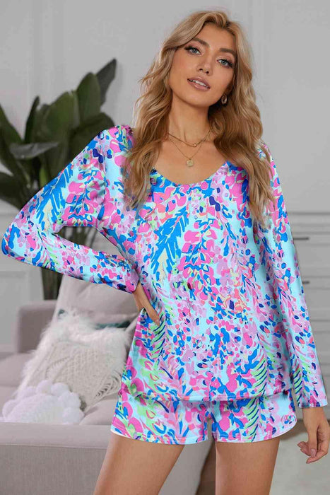 Cozy Multicolored Lounge Ensemble with Round Neck Top and Shorts