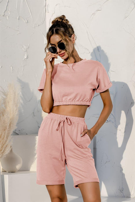 Cozy Lounge Ensemble with Short Sleeve Crop Top and Drawstring Shorts
