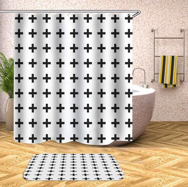 Elegant Geometric Patterned Shower Curtain Set with Hooks and Water Repellent Coating