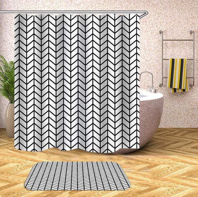 Elegant Geometric Print Waterproof Bathroom Curtain Set with Hooks