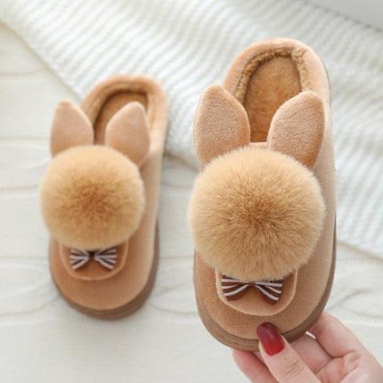 Winter Rabbit Fur Lined Flat Slippers for Girls