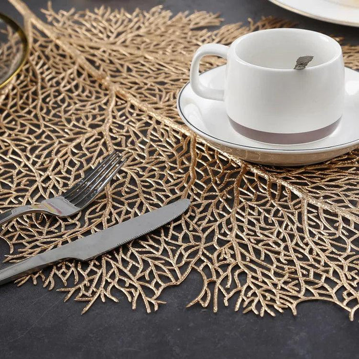 Gold Foil Leaf Design Placemat: Non-Slip & Heat Resistant Table Coaster in Leaf Shape