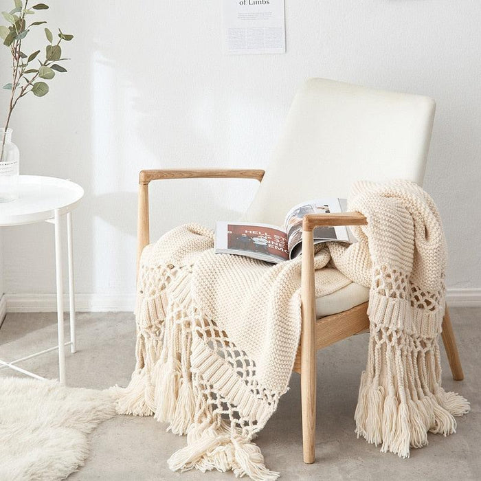 Cozy Portable Knit Throw Blanket with Tassel Detail