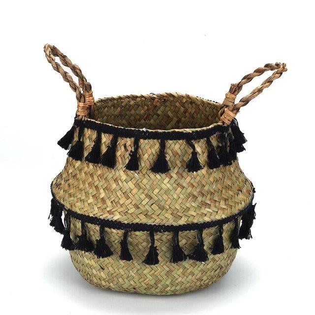 Handmade Seagrass Wicker Storage Baskets with Bamboo Accents