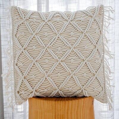 Knitted Yellow and Grey Tassel Cushion Cover with Elegant Embroidery - Premium Cotton Jacquard Pillowcase