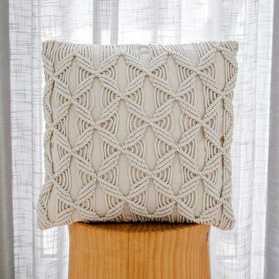 Yellow and Grey Cotton Jacquard Cushion Cover with Tassel Embellishment and Knitted Detail - Decorative Pillow Case