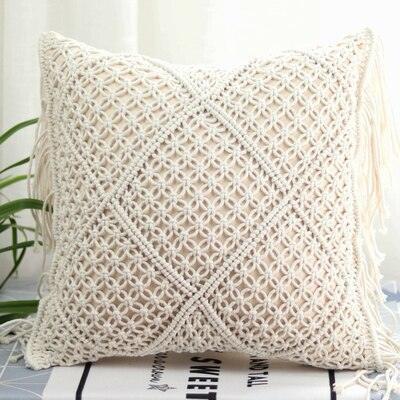 Knitted Yellow and Grey Tassel Cushion Cover with Elegant Embroidery - Premium Cotton Jacquard Pillowcase