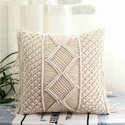Knitted Yellow and Grey Tassel Cushion Cover with Elegant Embroidery - Premium Cotton Jacquard Pillowcase