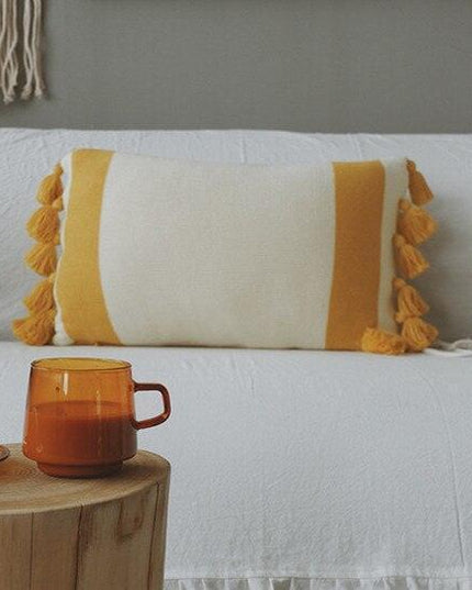Knitted Yellow and Grey Tassel Cushion Cover with Elegant Embroidery - Premium Cotton Jacquard Pillowcase