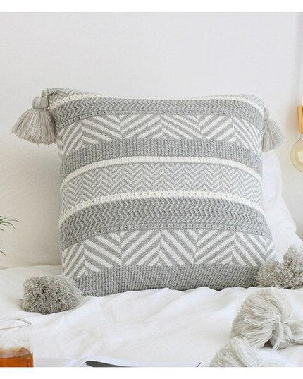 Knitted Yellow and Grey Tassel Cushion Cover with Elegant Embroidery - Premium Cotton Jacquard Pillowcase