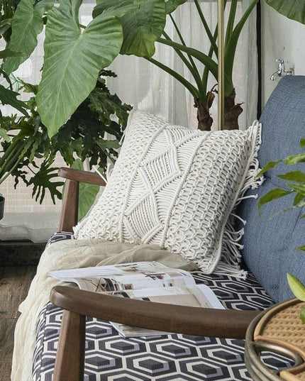 Knitted Yellow and Grey Tassel Cushion Cover with Elegant Embroidery - Premium Cotton Jacquard Pillowcase