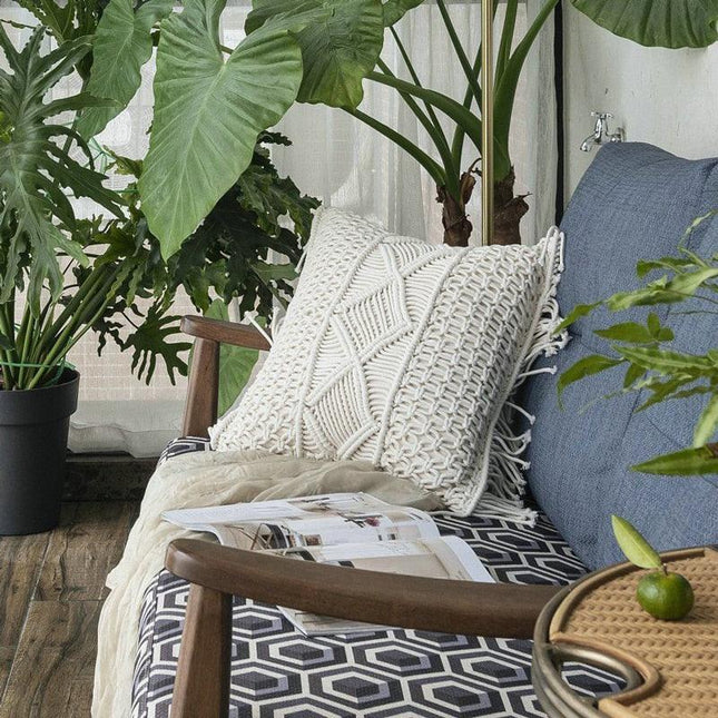 Knitted Yellow and Grey Tassel Cushion Cover with Elegant Embroidery - Premium Cotton Jacquard Pillowcase