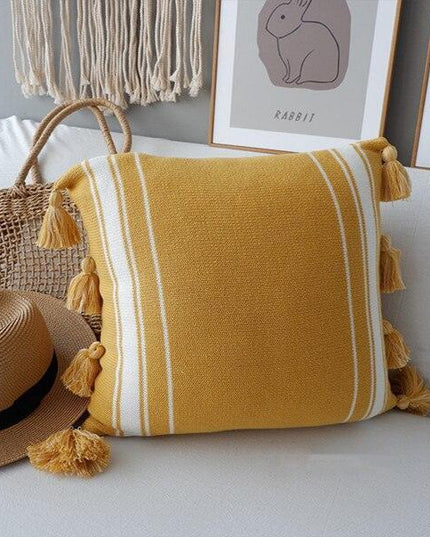 Knitted Yellow and Grey Tassel Cushion Cover with Elegant Embroidery - Premium Cotton Jacquard Pillowcase