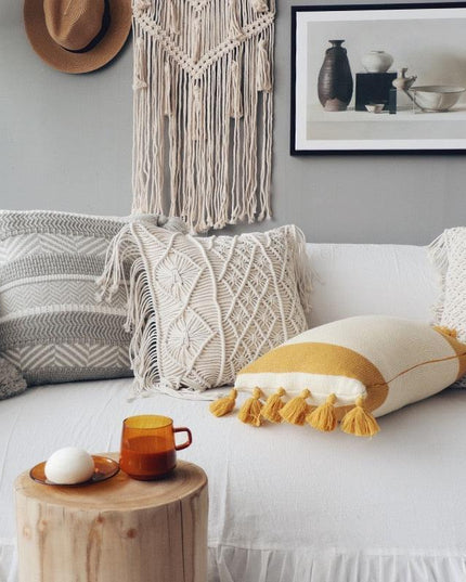 Knitted Yellow and Grey Tassel Cushion Cover with Elegant Embroidery - Premium Cotton Jacquard Pillowcase