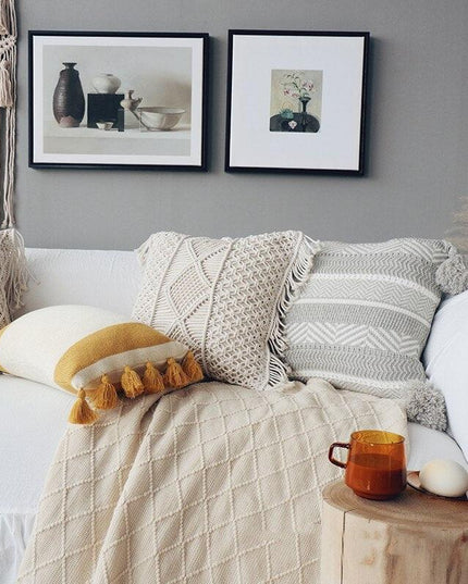 Knitted Yellow and Grey Tassel Cushion Cover with Elegant Embroidery - Premium Cotton Jacquard Pillowcase