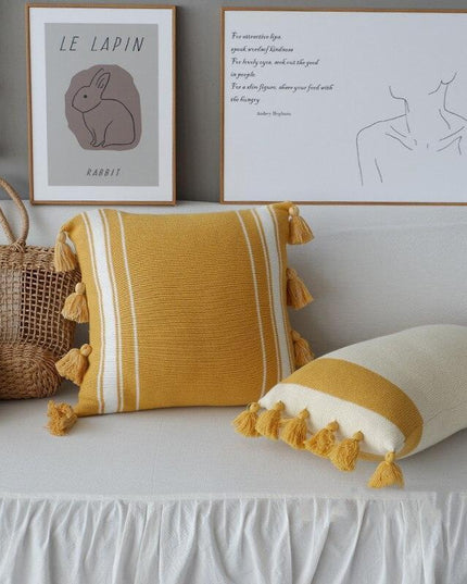 Knitted Yellow and Grey Tassel Cushion Cover with Elegant Embroidery - Premium Cotton Jacquard Pillowcase