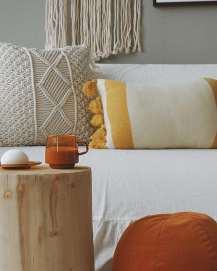 Knitted Yellow and Grey Tassel Cushion Cover with Elegant Embroidery - Premium Cotton Jacquard Pillowcase