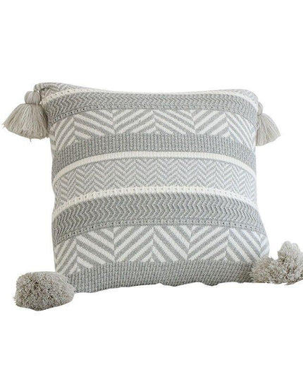 Knitted Yellow and Grey Tassel Cushion Cover with Elegant Embroidery - Premium Cotton Jacquard Pillowcase