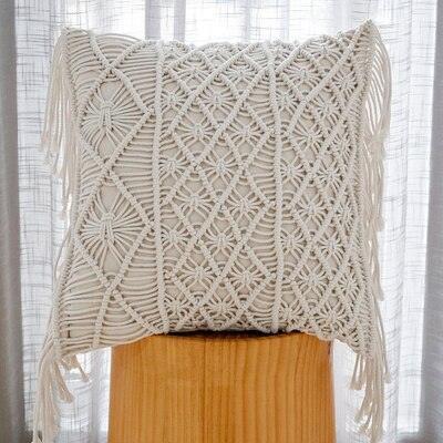 Knitted Yellow and Grey Tassel Cushion Cover with Elegant Embroidery - Premium Cotton Jacquard Pillowcase