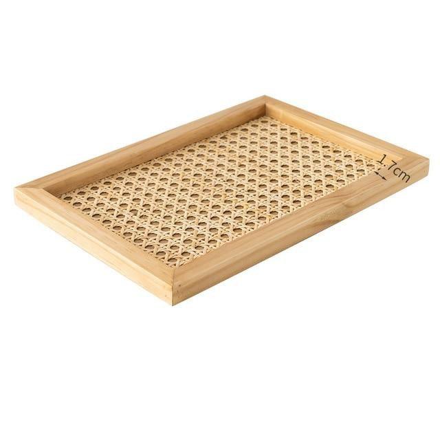 Handcrafted Japanese Style Wooden Rattan Woven Tray