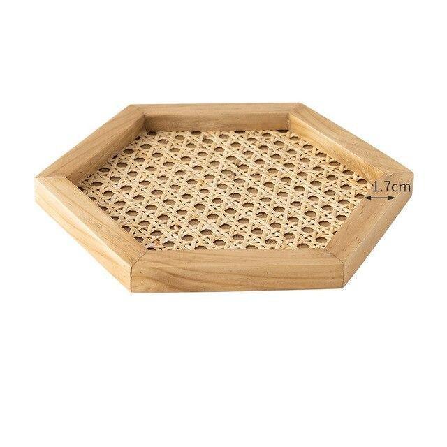 Handcrafted Japanese-Inspired Wooden Tray with Nordic Rattan Detail - Sustainable Storage Solution