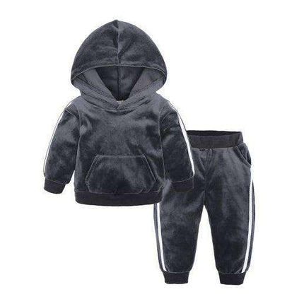 Trendy Gold Velvet Kids Hooded Pajama Set with Sporty Side Stripes