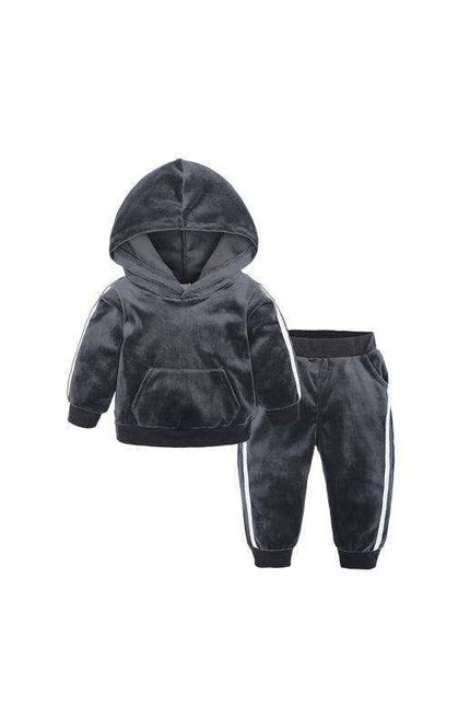 Trendy Gold Velvet Kids Hooded Pajama Set with Sporty Side Stripes