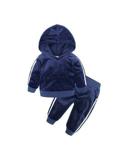Trendy Gold Velvet Kids Hooded Pajama Set with Sporty Side Stripes